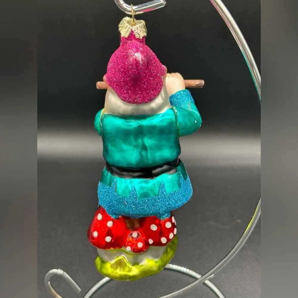 2 Glass Target Christmas Gnome Ornaments Playing Violin and Flute Musical Whimsy